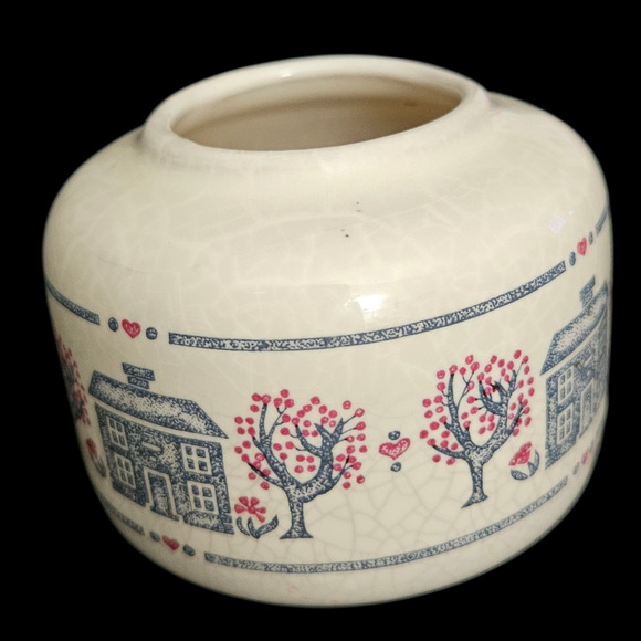 Vintage Mini Stoneware Crock Jar Blue Red House Trees Folk Art Primitive - Picture 2 of 5